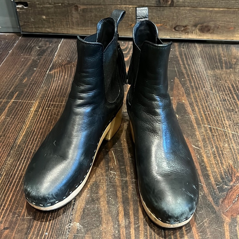 Loeffler Randall black clog tassel ankle boots, size 9